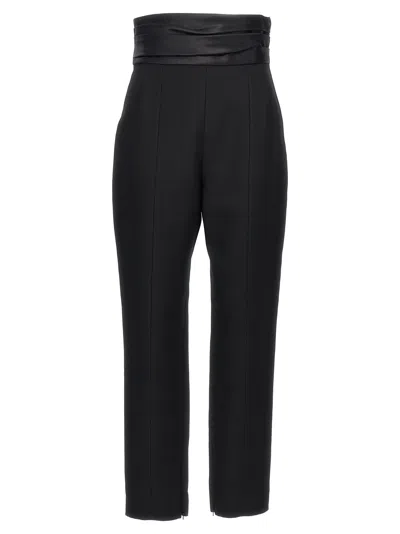 Khaite Lenro Pleated Satin-trimmed Grain De Poudre Straight-leg Pants In Black