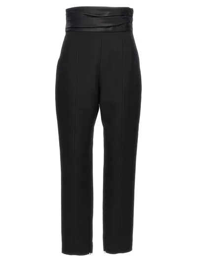 Khaite Lenro Pleated Satin-trimmed Grain De Poudre Straight-leg Pants In Black