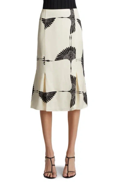 Khaite Levy Crane Print Pleated Cupro Skirt In Cream Black