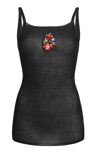 Khaite Lida Flower-detailed Cotton-blend Tank Top In Black