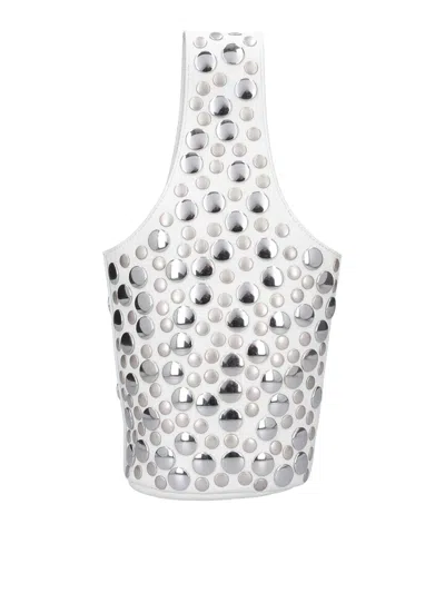 Khaite White Livia Small Studs Leather Tote In Silver