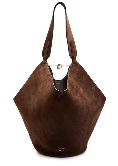 Khaite Lotus Small Suede Tote In Brown