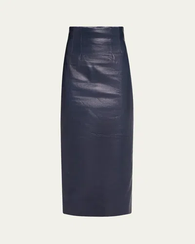 Khaite Loxley Leather Pencil Maxi Skirt In Blue