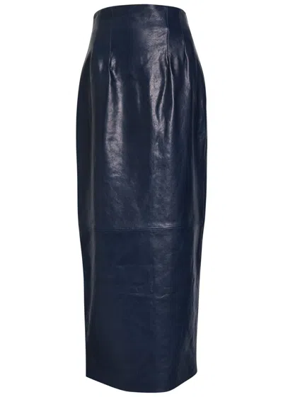 Khaite Loxley Panelled Leather Midi Skirt In Blue