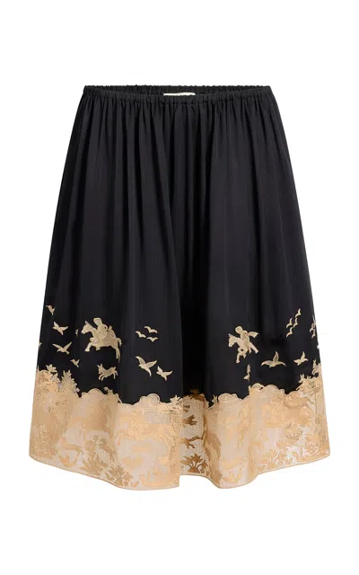 Khaite Lucina Embroiered Silk Midi Skirt In Black