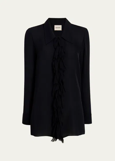 Khaite Ruffled Collared Sheer Fabric Long Sleeve Top In Black