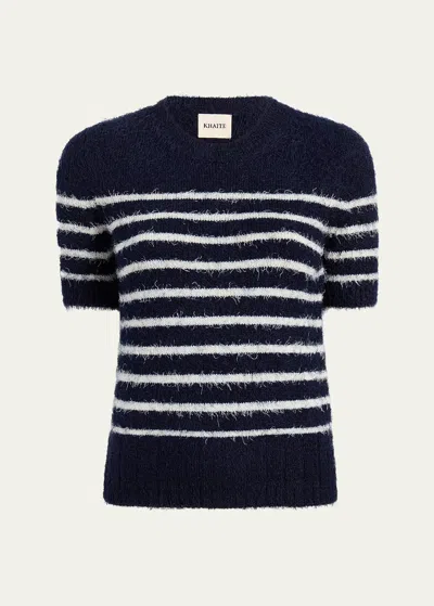 Khaite Luphia Short-sleeve Cashmere Jumper In Navy Cream