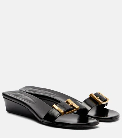 Khaite Manhattan Leather Wedge Mules In Black