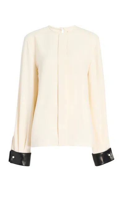 Khaite Marian Leather-trimmed Textured Linen-blend Top In Neutral