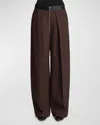 Khaite Marine Pleated Wide-leg Pants With Zipper Front In Dark Brown