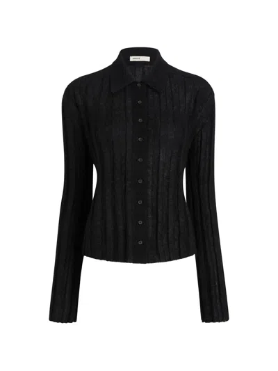 Khaite Classic Mohair-silk Ribbed Knit Collared Cardigan In Black