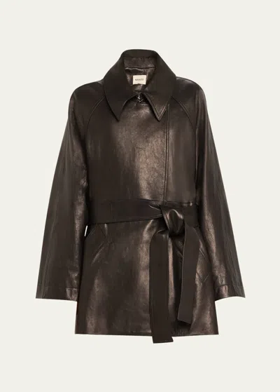Khaite Micky Leather Self-tie Coat In Brown