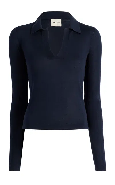 Khaite Mikel Knit Silk Polo Top In Blue