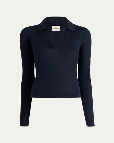 Khaite Mikel Long-sleeve Knit Polo Top In Blue