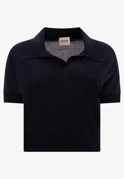 Khaite Morgane Cropped Knit Polo T-shirt In Black