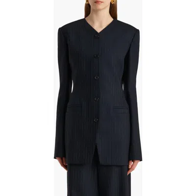 Khaite Naran Pinstripe Single Breasted Stretch Virgin Wool & Cotton Blazer In Blue