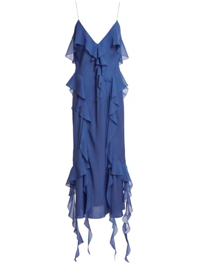 Khaite Navy Blue Silk Satin Midi Dress With Ruffle Trim