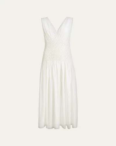 Khaite Nola Sleeveless Diamond Pleat Cotton Ankle Dress In Chalk