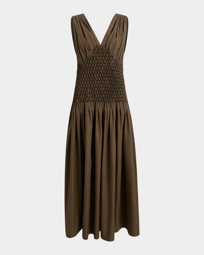 Khaite Nola Sleeveless Diamond Pleat Cotton Ankle Dress In Multi
