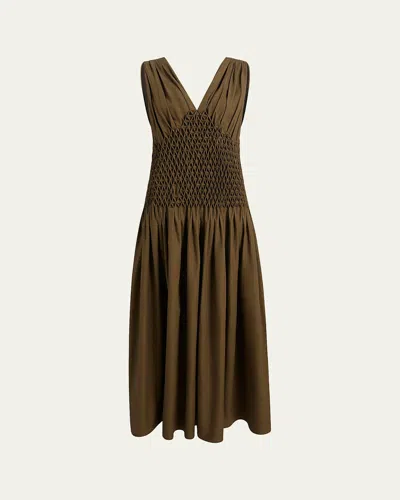 Khaite Nola Sleeveless Diamond Pleat Cotton Ankle Dress In Dark Olive