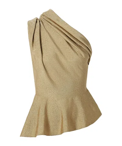 Khaite Aimee Asymmetric One-shoulder Draped Lurex Peplum Top In Brown