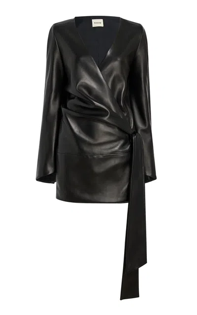 Khaite Onis Plonge Leather Mini Wrap Dress In Black