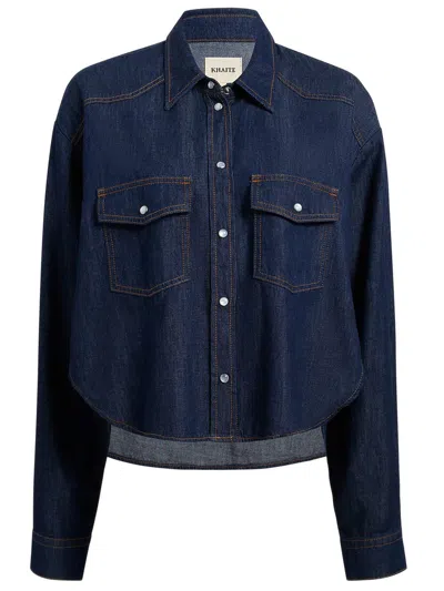 Khaite Patch Pocket Button-down Top With Long Sleeves And Curved Hem In Blu