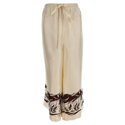 Pre-owned Khaite Phoebe Bear-print Palazzo Trousers In Beige Silk