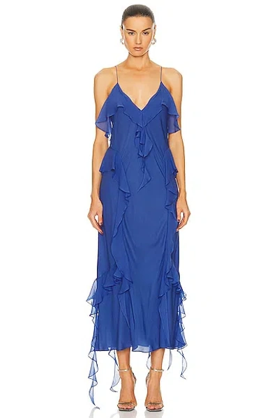Khaite Pim Cascading-ruffles Sleeveless Maxi Dress In Blue Iris