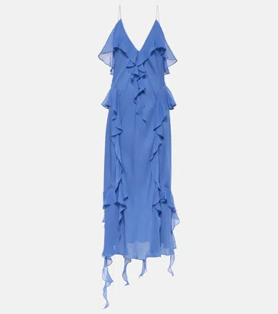 Khaite Pim Cascading-ruffles Sleeveless Maxi Dress In Blue Iris