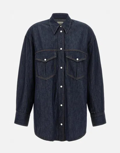 Khaite Point-collar Denim Shirt With Snap Front And Patch Pockets In Blue