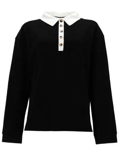Khaite Faithful Silk Contrast Collar Polo Shirt In Black