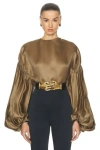 Khaite Quico Balloon-sleeve Oversized Silk Blouse In Toffee