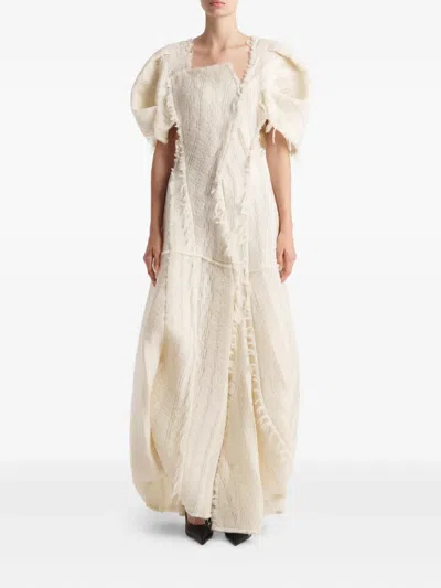 Khaite Quintin Fringed Puff-sleeve Maxi Dress In Neutral