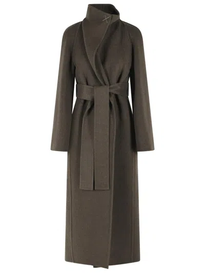 Khaite Raised Neck Green Wool Coat With Matching Belt And Side Pockets In Brown