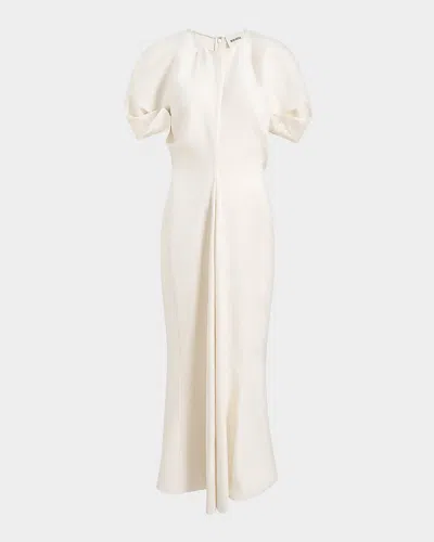 Khaite Ria Linen Draped-waist Puff-sleeve Midi Dress In Neutral