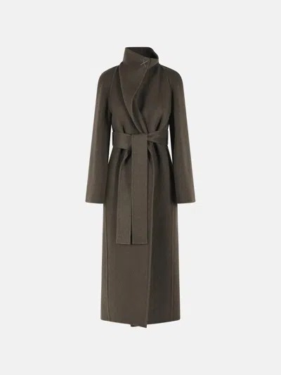 Khaite Raised Neck Green Wool Coat With Matching Belt And Side Pockets In Gray