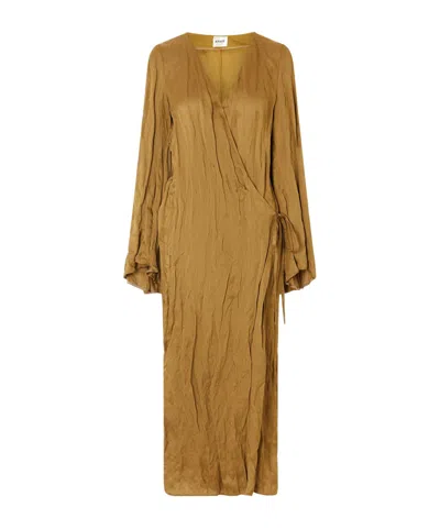 Khaite Rommi Crinkled-voile Midi Wrap Dress In Brown