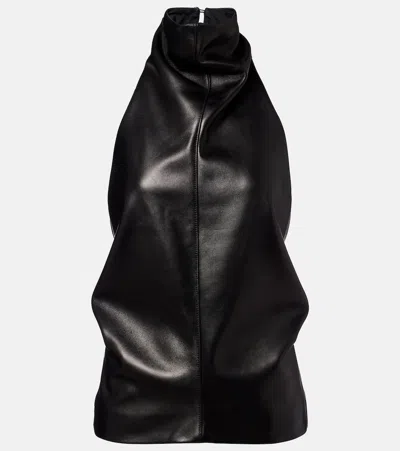 Khaite Rone Funnel Neck Leather Halter Top In Black