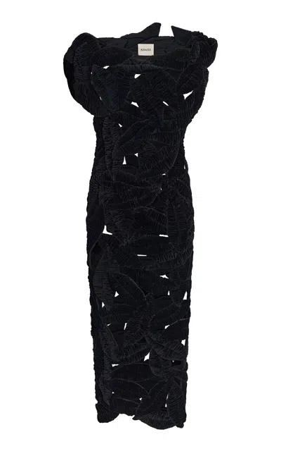 Khaite Ronelle Leaf Velvet Midi Dress In Black