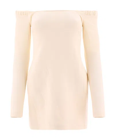 Khaite Ruffled Off-shoulder Mini Dress In Nude