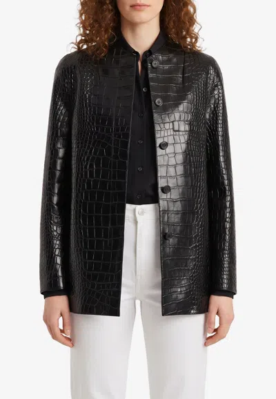 Khaite Sadie Alligator-print Glossy Leather Coat In Black