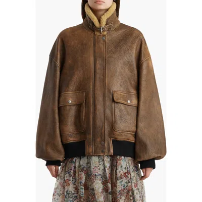 Khaite Sandor Distressed Leather Bomber Jacket In Brown