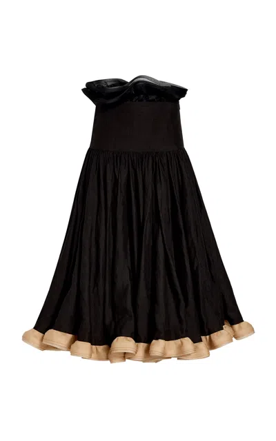 Khaite Saru Ruffled Linen Midi Skirt In Black