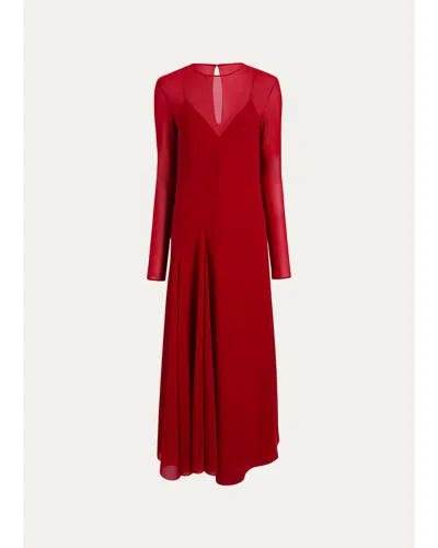 Khaite Scarlett Long-sleeve Silk Draped Panel Midi Dress In Red