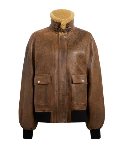 Khaite Shearling-trimmed Leather Jacket In Brown