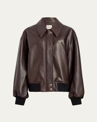 Khaite Shelman Leather Bomber Jacket In Dark Brown