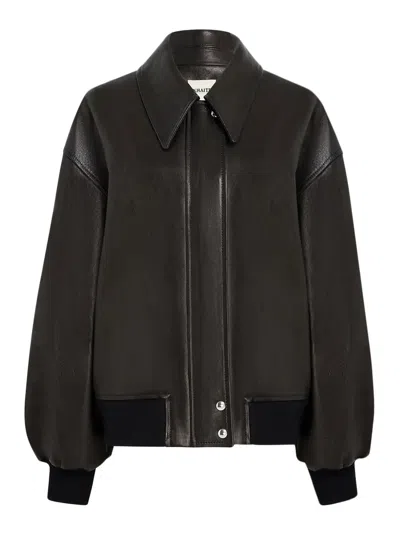 Khaite Shelman Leather Bomber Jacket With Wide Neck In Black