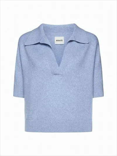 Khaite Short-sleeved Cashmere Knit Sweater With V-neckline In Blue