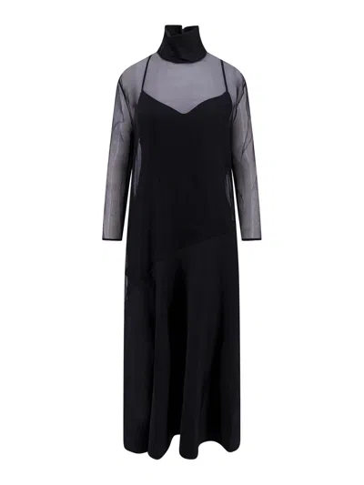 Khaite Bellamy Paneled Long-sleeve Sheer Silk Maxi Dress In Black